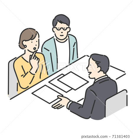 與一對在櫃檯諮詢的顧客一起服務客戶的負責人的插圖資料 71381403