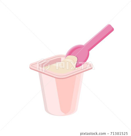 優格裝在粉紅色塑膠盒子與塑膠湯匙,卡通漫畫插圖 優格裝在粉紅色塑膠盒子與塑膠湯匙,卡通漫畫插圖 71381525