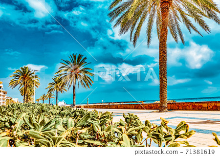 Seafront, beach,coast in Spain. Suburb of Barcelona, Catalonia 71381619