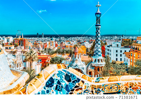 BARCELONA, SPAIN - SEPT 02,2014 :Gorgeous and amazing Park Guel in Barcelona. In 1984 park has been declared UNESCO by the World heritage of mankind. Park Guell (1914) is the famous architectural town 71381671