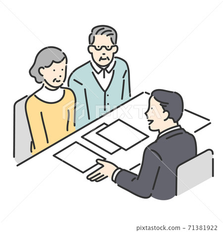 Illustration material of the person in charge of serving customers with the couple who consults at the counter Illustration material of the person in charge of serving customers with the couple who consults at the counter 71381922