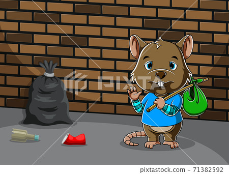 Beggar mouse standing and holding his bag with the sad face Beggar mouse standing and holding his bag with the sad face 71382592