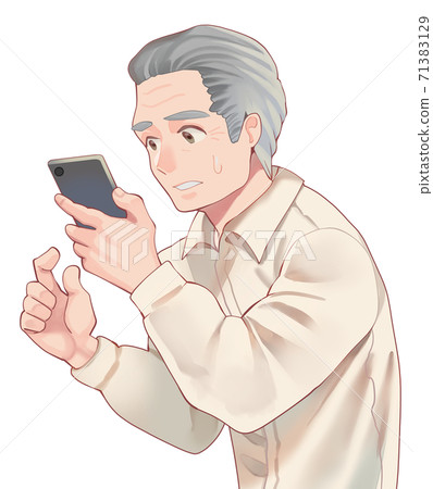 Illustration of a senior who is worried about looking at the screen of a smartphone 71383129