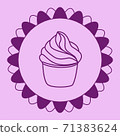Cupcake pastry isolated icon. Line art style creamy dessert isolated on pink background. Bakery design logo in round frame. Sweets shop symbol template. Sticker design. Vector hand drawn Illustration 71383624