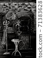 Sketch of Cafe interior. Hand drawn illustration. Black and white colors. Chalkboard imitation 71383628
