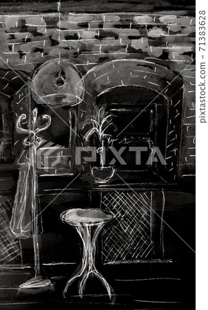 Sketch of Cafe interior. Hand drawn illustration. Black and white colors. Chalkboard imitation Sketch of Cafe interior. Hand drawn illustration. Black and white colors. Chalkboard imitation 71383628