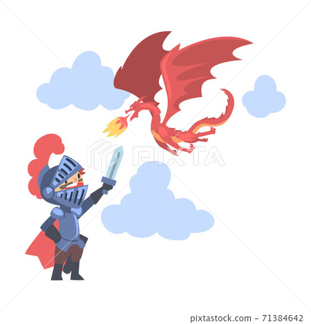 Knight Boy Character in Armour Fighting with Red Dragon with Sword Cartoon Style Vector Illustration Knight Boy Character in Armour Fighting with Red Dragon with Sword Cartoon Style Vector Illustration 71384642