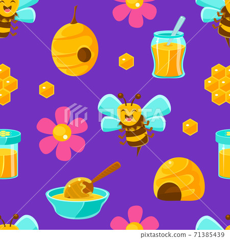 Cute Happy Bees and Beekeeping Products, Textile, Wallpaper, Wrapping Paper, Background Design Cartoon Vector Illustration. Cute Happy Bees and Beekeeping Products, Textile, Wallpaper, Wrapping Paper, Background Design Cartoon Vector Illustration. 71385439