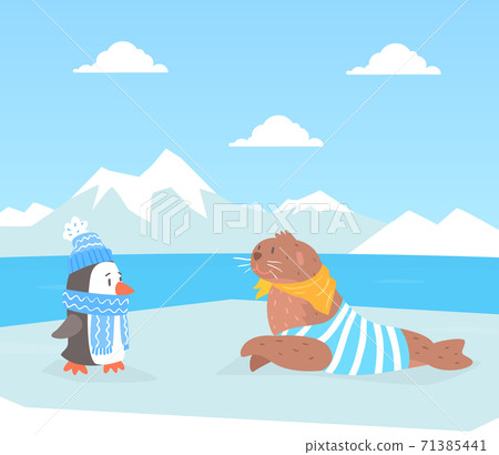 North Pole Arctic Animals on Polar Landscape, Cute Seal and Penguin Characters Cartoon Vector Illustration North Pole Arctic Animals on Polar Landscape, Cute Seal and Penguin Characters Cartoon Vector Illustration 71385441