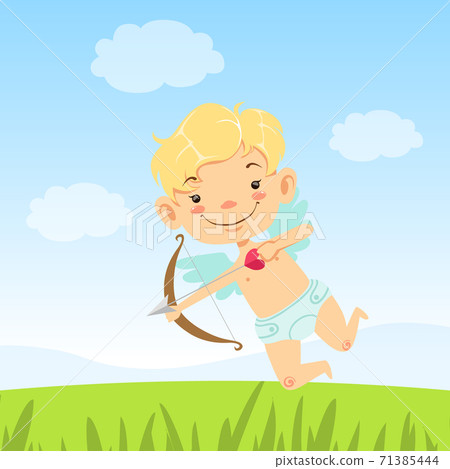 Cupid Baby Boy Angel Flying and Shooting with Bow on Green Meadow, Adorable Cupid Character Vector Illustration. Cupid Baby Boy Angel Flying and Shooting with Bow on Green Meadow, Adorable Cupid Character Vector Illustration. 71385444