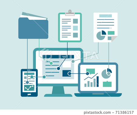Digitization illustration / cloud / icon / business / IT / PC / data / sharing / backup / information 71386157