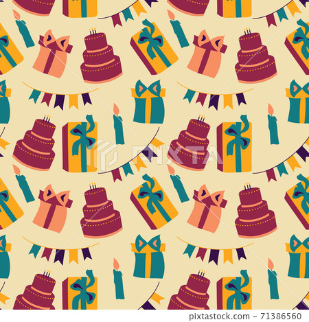 Birthday background. Seamless pattern with colorful gift boxes, ribbon and cake . Vector illustration Birthday background. Seamless pattern with colorful gift boxes, ribbon and cake . Vector illustration 71386560