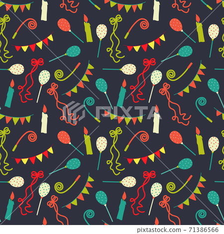 Celebratory seamless pattern with gifts, swirls, confetti, ribbon . Vector background. Celebratory seamless pattern with gifts, swirls, confetti, ribbon . Vector background. 71386566