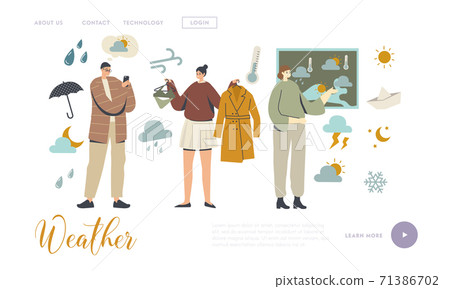 Weather Forecast, Meteorological Report Landing Page Template. Presenter Female Character at Screen with Meteorology Map Weather Forecast, Meteorological Report Landing Page Template. Presenter Female Character at Screen with Meteorology Map 71386702