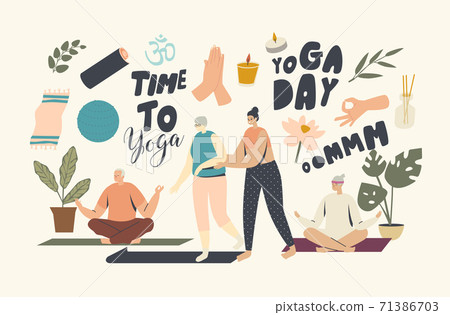 Yoga Class for Senior Characters Concept. Female Trainer Help Elderly Woman to Start Yoga Lesson. Wellness in Old Ages Yoga Class for Senior Characters Concept. Female Trainer Help Elderly Woman to Start Yoga Lesson. Wellness in Old Ages 71386703