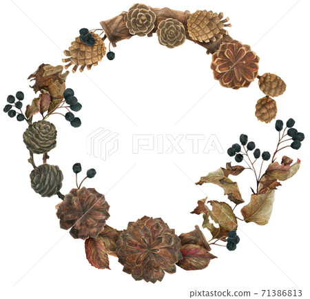 Cones and berries Merry Christmas wreath - Stock Illustration [71386813 ...