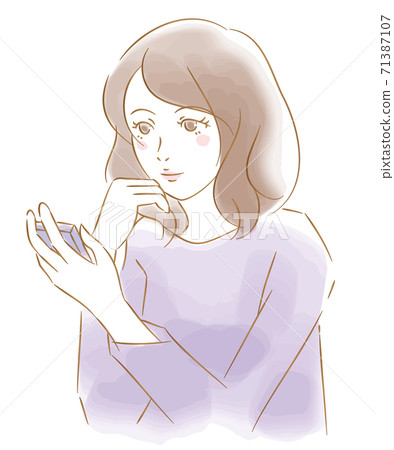 Watercolor style illustration of a woman looking at a smartphone / white background Watercolor style illustration of a woman looking at a smartphone / white background 71387107