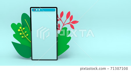 Smartphone with blank screen and decoration leaves . Template for infographics or presentation UI design interface, online shopping, sale, delivery, chat. 3d rendering illustration Smartphone with blank screen and decoration leaves . Template for infographics or presentation UI design interface, online shopping, sale, delivery, chat. 3d rendering illustration 71387108