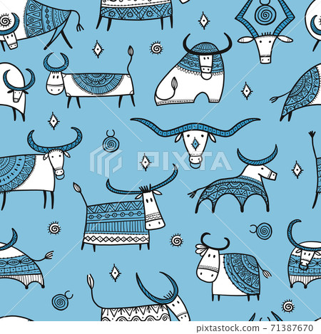Funny bulls collection. Lunar horoscope sign. Happy new year 2021. Bull, ox, cow. Seamless pattern for your design Funny bulls collection. Lunar horoscope sign. Happy new year 2021. Bull, ox, cow. Seamless pattern for your design 71387670