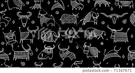 Funny bulls collection. Lunar horoscope sign. Happy new year 2021. Bull, ox, cow. Seamless pattern for your design 71387671