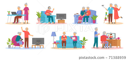 Old people play video game. Senior people with different gadgets. Oldster education on computer 71388939