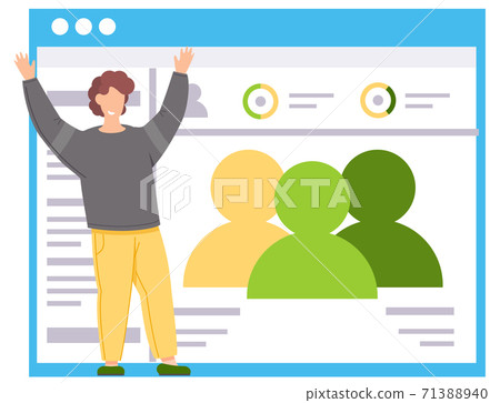 People and society on the poster on the background. Smiling guy happily raises his hands up People and society on the poster on the background. Smiling guy happily raises his hands up 71388940