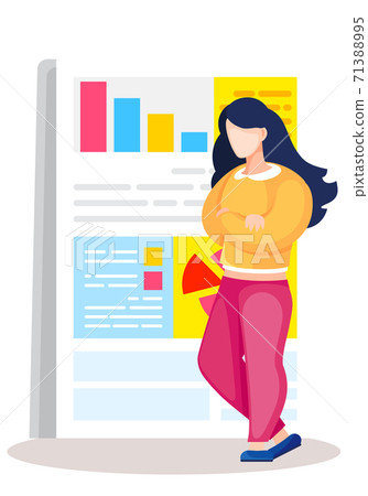 Working and analyzing financial data. Girl standing next to the cover of the book on statistics Working and analyzing financial data. Girl standing next to the cover of the book on statistics 71388995