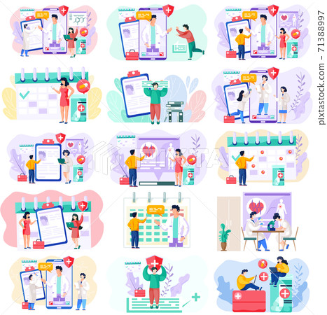 Consultation of patient with doctor and medical app, healthcare and technology concept scenes set Consultation of patient with doctor and medical app, healthcare and technology concept scenes set 71388997