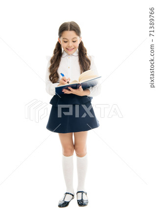 Adorable child schoolgirl. Formal education concept. School education basics. Adorable child schoolgirl. Formal education concept. School education basics. 71389766