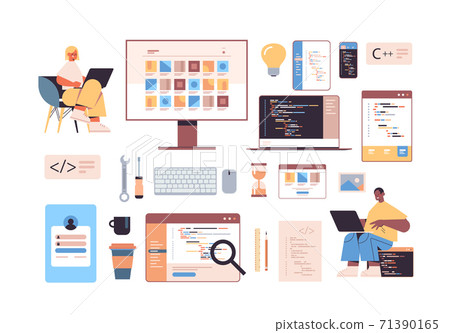 development of software and programming icons set with web developers using laptops creating program code development of software and programming icons set with web developers using laptops creating program code 71390165