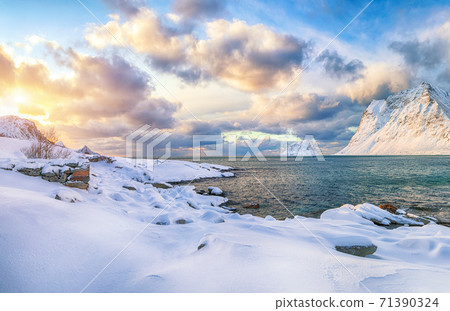 Fabulous winter view of Vik beach during sunset 71390324