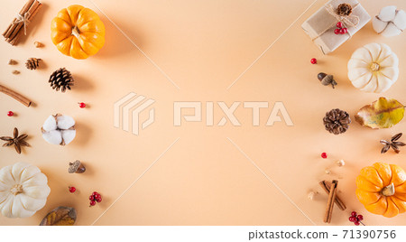 Thanksgiving background decoration from dry leaves and pumpkin on pastel background. Flat lay, top view with copy space. Thanksgiving background decoration from dry leaves and pumpkin on pastel background. Flat lay, top view with copy space. 71390756