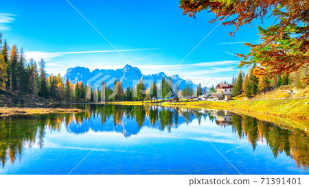 Stunning view of popular travel destination mountain lake Antorno in autumn 71391401