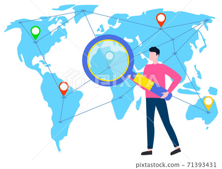 World Map and Man with Magnifying Glass Research 71393431
