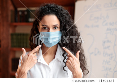 Female teacher wearing medical mask and pointing at face Female teacher wearing medical mask and pointing at face 71394381