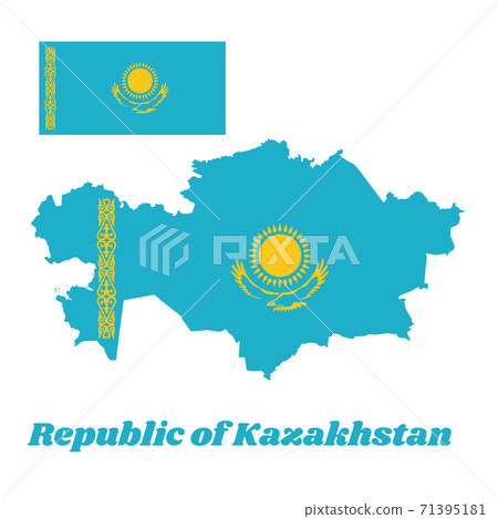 Map outline and flag of Kazakhstan, with text Republic of Kazakhstan. 71395181