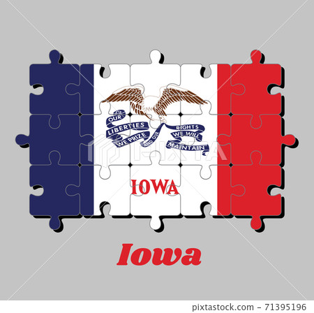 Jigsaw puzzle of Iowa flag, The states of America, Concept of Fulfillment or perfection. Jigsaw puzzle of Iowa flag, The states of America, Concept of Fulfillment or perfection. 71395196
