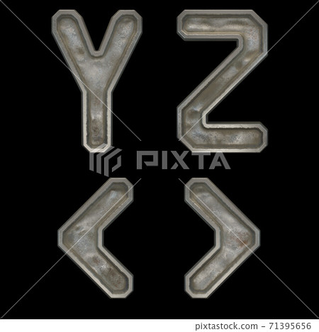 Set of capital letters Y, Z and symbol left, right angle bracket made of industrial metal isolated on black background. 3d 71395656