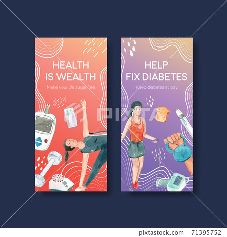 Flyer template with world diabetes day concept design for brochure and leaflet watercolor vector illustration. 71395752