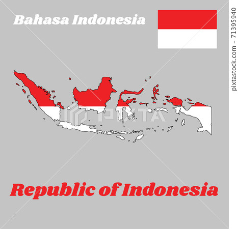 Map outline and flag of Indonesia, with name text of Republic of Indonesia and Bahasa Indonesia. 71395940