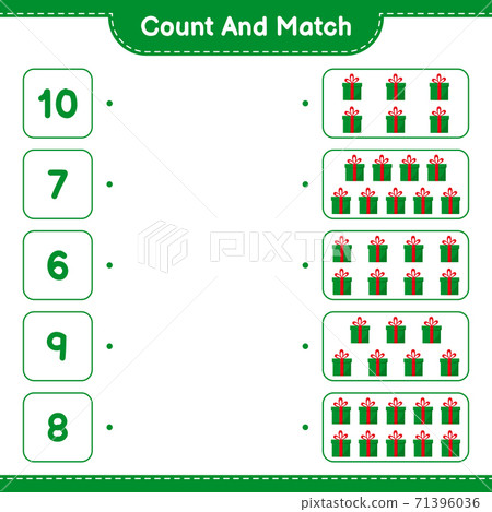 Count and match, count the number of Gift Boxes and match with right numbers. Educational children game, printable worksheet, vector illustration Count and match, count the number of Gift Boxes and match with right numbers. Educational children game, printable worksheet, vector illustration 71396036