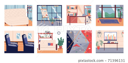 Premises and rooms set. Office, living room interiors with furniture, aircraft cabin, climbing gym 71396131