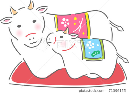 Cow parent and child figurine New Year's card material 71396155