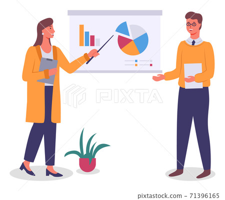 Employees at presentation in office. Guy at table with document, woman with clipboard. Flat image 71396165