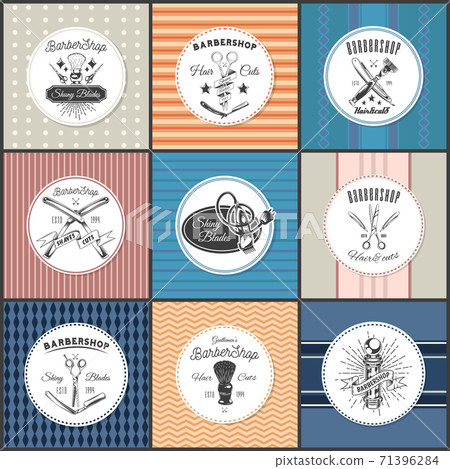 Set of logotype for barbershop in black and white style. Emblems with tools and letterings Set of logotype for barbershop in black and white style. Emblems with tools and letterings 71396284