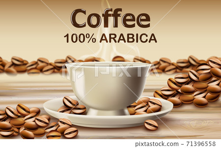 Cup of arabica coffee on a wooden desk surrounded by roasted coffee beans 71396558