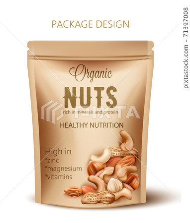 Package with organic nuts. Rich in minerals and protein. Healthy nutrition, high in zinc, magnesium and vitamins. Realistic 3D mockup product placement 71397008