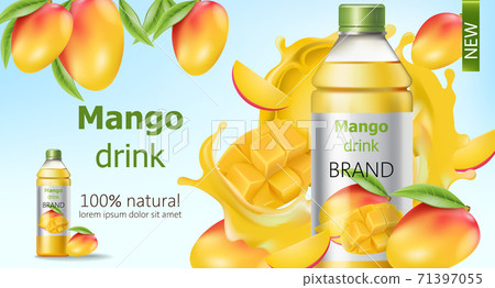 Bottle of natural mango drink surrounded by sliced and whole fruits and flowing juice. Place for text. Realistic 3D mockup product placement Bottle of natural mango drink surrounded by sliced and whole fruits and flowing juice. Place for text. Realistic 3D mockup product placement 71397055