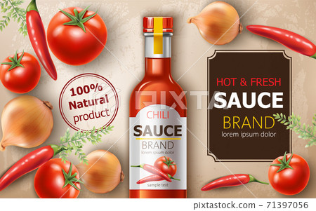 Bottle of fresh and hot natural chili sauce surrounded by tomatoes, onions and chili peppers. Place for text. Realistic 3D mockup product placement 71397056