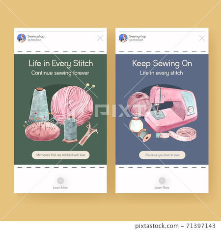 Instagram template with sewing concept design for social media and online marketing watercolor vector illustration. Instagram template with sewing concept design for social media and online marketing watercolor vector illustration. 71397143